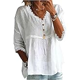 GORGLITTER Women's Lace 3/4 Sleeve Flowy Tunic Tops Dressy Loose Fit V Neck Eyelet Babydoll Peplum Top Peasant Blouse