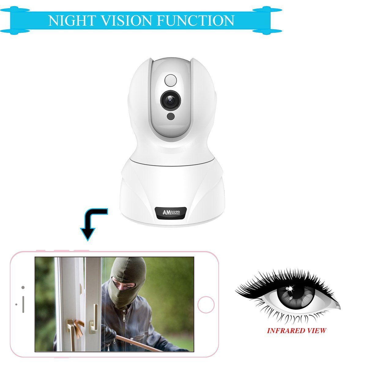 720P Wlan IP Camera, Wireless Home Security Camera, WiFi Surveillance Security System Video Recording Dome Camera, Monitor for Baby & Pet (720P, White), Topgio