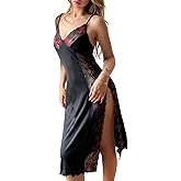 SOLY HUX Women's Lace Nightgown Mesh High Slit Chemise Midi Slip Sleep Dress Nightwear