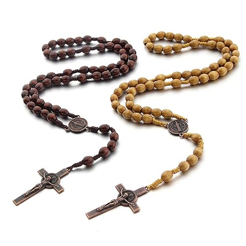 COLORFUL BLING 2Pcs Natural Wooden Bead Rosary Necklace Cross