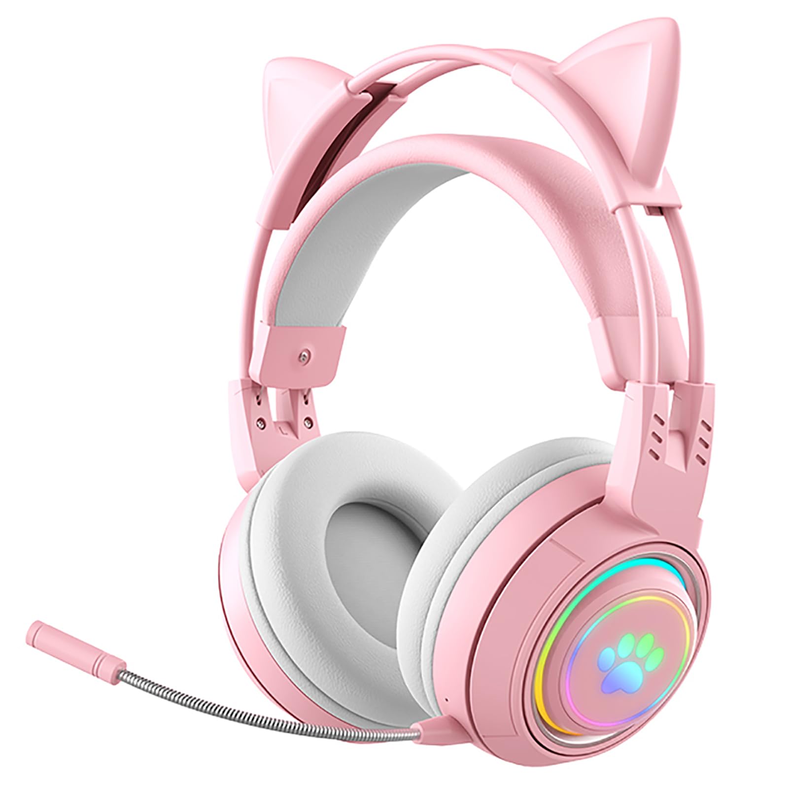 Lomiluskr RGB Cute Cat Ear Wireless Headset with Detachable Mic, Bluetooth/Wired Dual Mode Over Ear Headset, Interchangeable Cat and Deer Ears, Compatible with PC, Laptop, Tablet, Smartphone (Pink)
