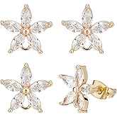 Beebeecraft 1 Box 10Pcs Flower Stud Earring Findings 18K Gold Plated Cubic Zirconia Crystal Blossom Earrings Studs with Dangle Loop and Ear Nuts for Earring Making Findings Hole 1.5mm