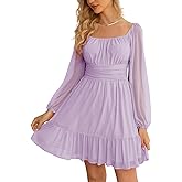 Wenrine Women's Mesh Long Sleeve Square Neck Dress High Waist A Line Ruffle Hem Flowy Casual Party Mini Dress