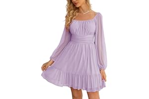 Wenrine Women's Mesh Long Sleeve Square Neck Dress High Waist A Line Ruffle Hem Flowy Casual Party Mini Dress