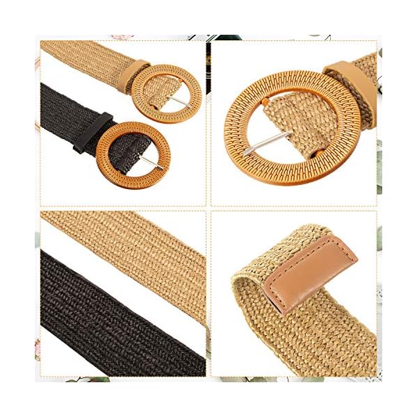 Cinturón elástico trenzado de paja con hebilla de estilo madera para mujer, 2 unidades | DeHippies.com