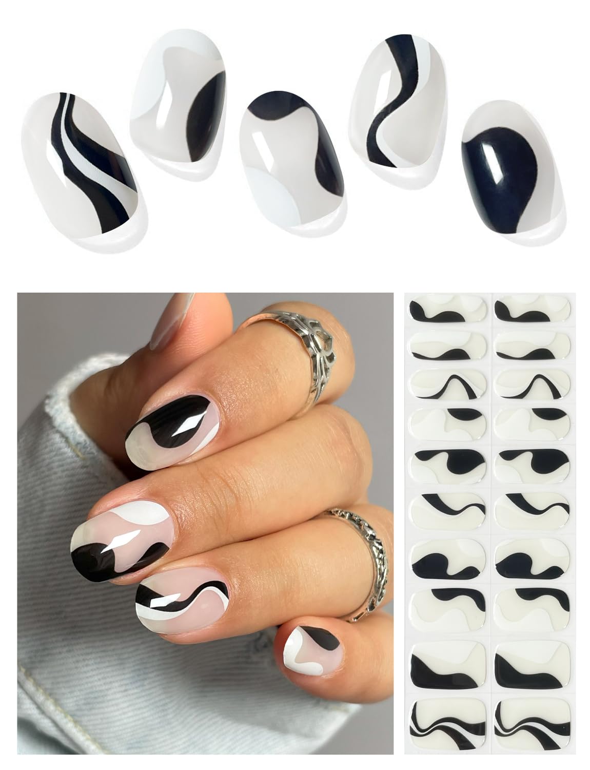 AutyaMee Semi Cured Gel Nail Strips (Black Line), 20 Pcs Gel Nail Wraps, Stickers, UV Light Required, Salon Quality, Long Lasting