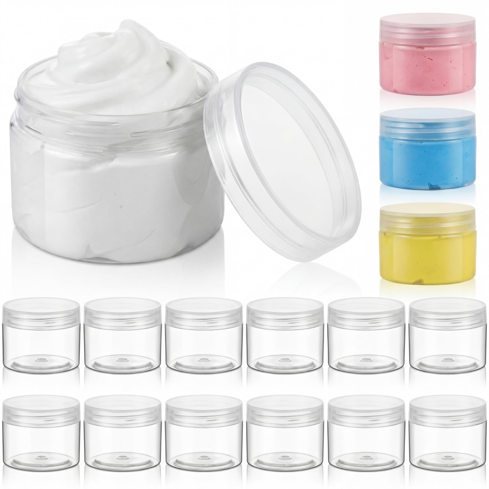16 Pieces 60 ml/ 2 oz Round Clear Leak Proof Plastic Container Jars with Lids Plastic Slime Jars Empty Slime Storage Containers Refillable Storage Favor Jars for Travel Cosmetic Lotion Creams (Clear)
