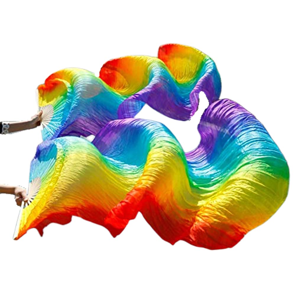 Leemiman Women 1.8 m Long Belly Dance 100% Silk Bamboo Fan Veils 1 Pair(L+R) (Vertical rainbow)