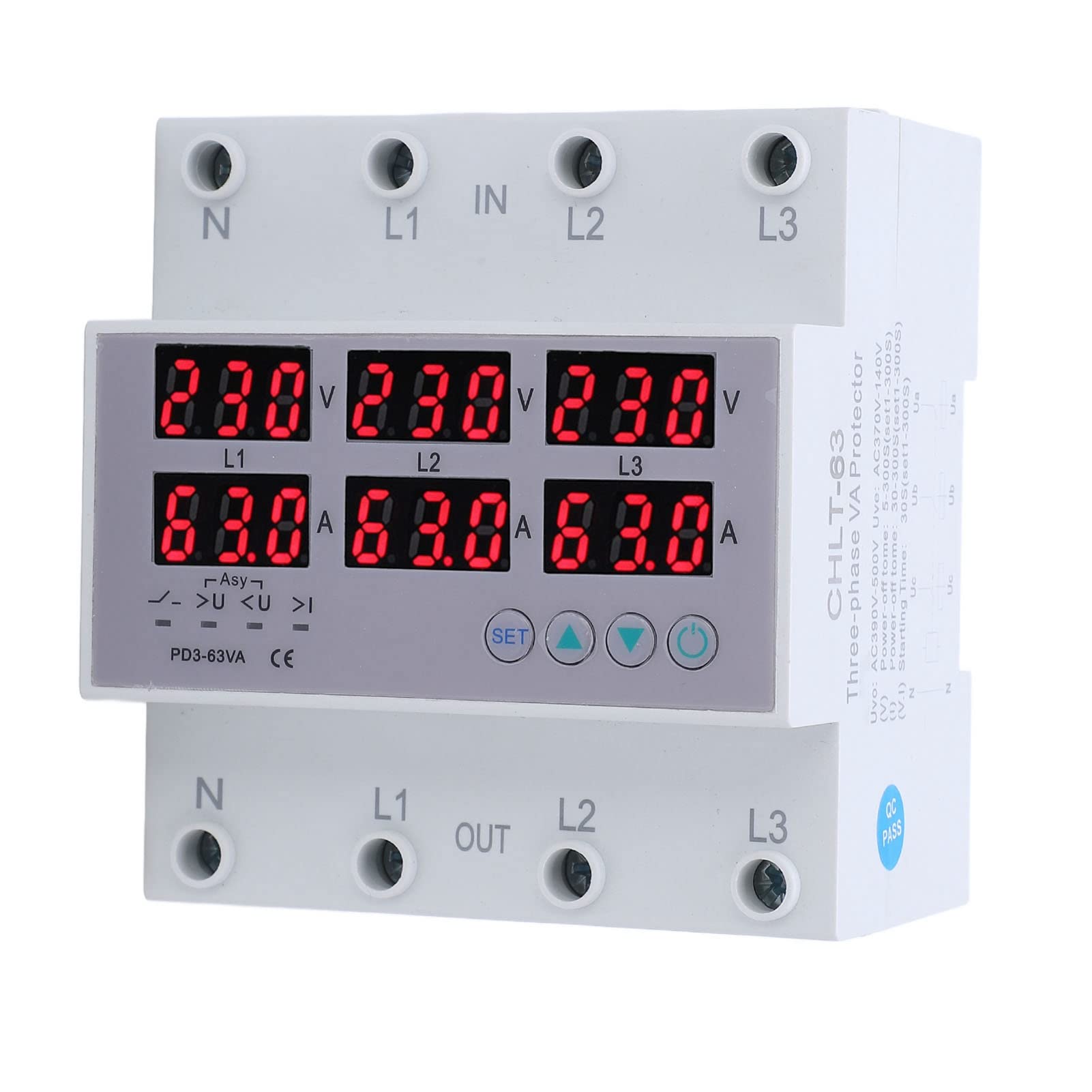 3 Phase DIN Rail Voltmeter Ammeter Automatic Overvoltage Overcurrent Protector Multi Tester with Instruction AC 230-300V for Electricity Usage Monitoring, Voltage Current Measuring (40A)