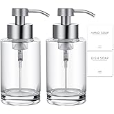 Foaming Soap Dispenser Set, 12 Oz Glass Hand Soap Dispenser with 304 Rust Proof Stainless Steel Pump, Waterproof Labels, for Bathroom Decor Kitchen College Dorm, Clear Silver Pump 2 Pack