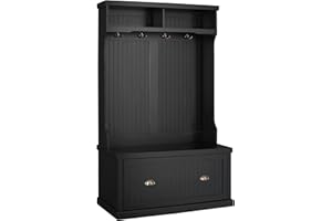 HOMCOM Entryway Bench with Coat Rack, 4 Double Hooks and 2 Compartments, Hall Tree with Bench and Shoe Storage for Hallway, Living Room, Black