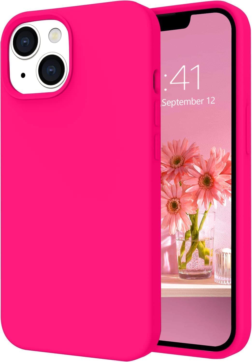 Telaso iPhone 14 Case, Liquid Silicone Soft Gel Rubber Slim Thin Shockproof Protective Case with Microfiber Lining, Hot Pink