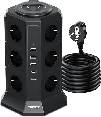Tour Multiprise avec Interrupteur Parafoudre, 12 Prises, 5 USB, Cube