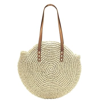 Powlance Womens Women Summer Straw Round Shoulder Bags Big Capacity Beach Handbags One Size Beige