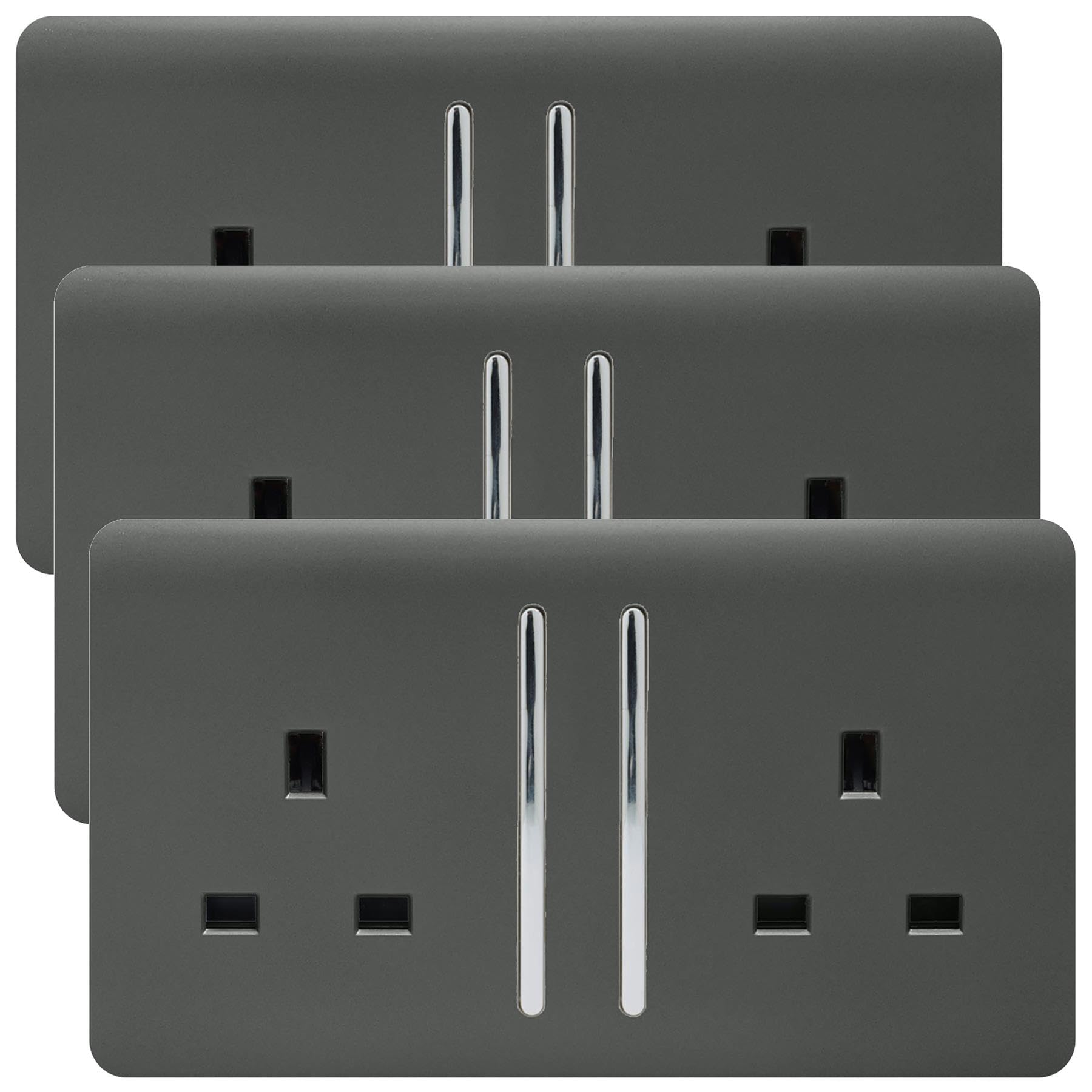 Trendi 2 Gang Artistic Modern Glossy 13 Amp Switched Plug Socket Charcoal (3 Pack)
