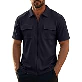 Men Zip Up Shirt Short Sleeve Collared Tops with Dual Chest Pockets | Textured Surface, Relaxed Fit, Easy Movement for Workdays, Golf, Travel, Weekend Outings and Everyday Casual Styling