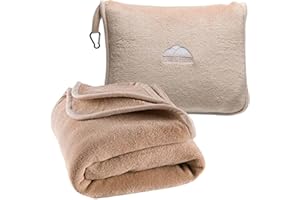 BlueHills Premium Soft Tall Travel Blanket Pillow for Airplane Traveling Essentials Long Flight Trip Throw in Bag case with Backpack Clip Compact Large Plane Accessories Beige T053