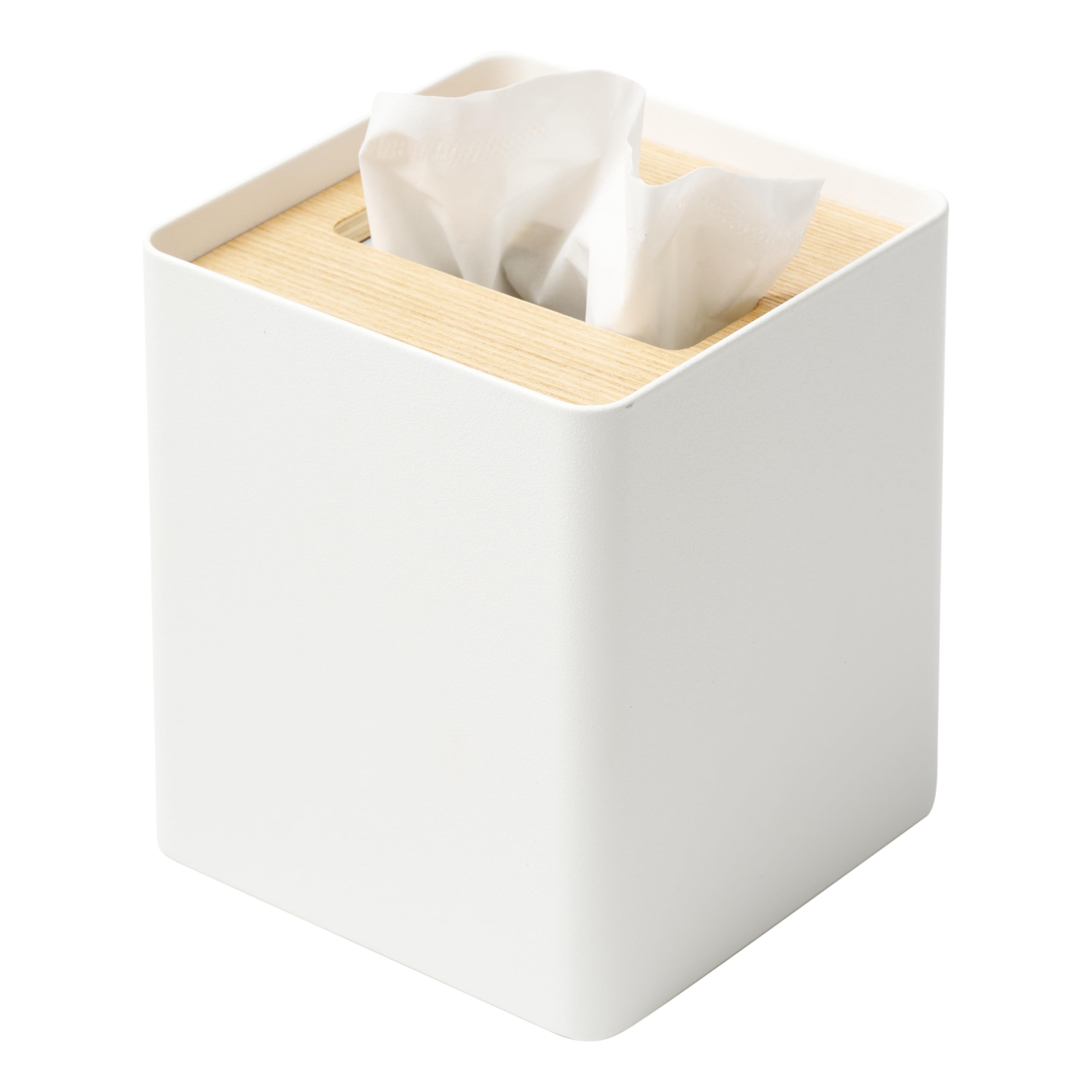 Yamazaki Home Rin Reusable Tissue Box Cover Metal Holder Container Case with Natural Wooden Lid - Steel