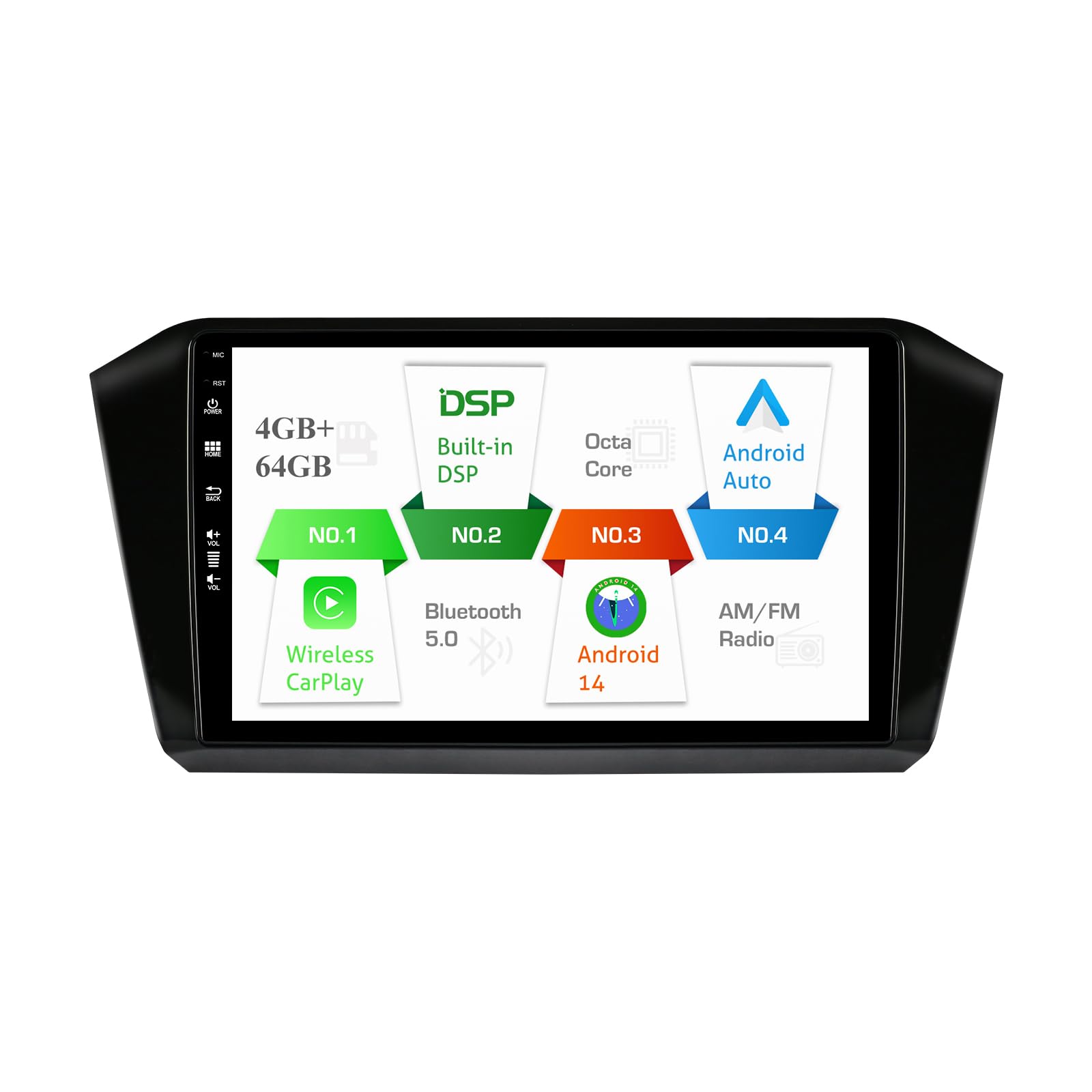 10" IPS 2 Din Android 14 Car Radio Stereo For VW Passat B8 2015-2019 - [4G+64G] - [Built-in Carplay+DSP+GPS Navi ] - Free Camera+Mic BT SWC 4G WiFi AUX DAB Head Unit