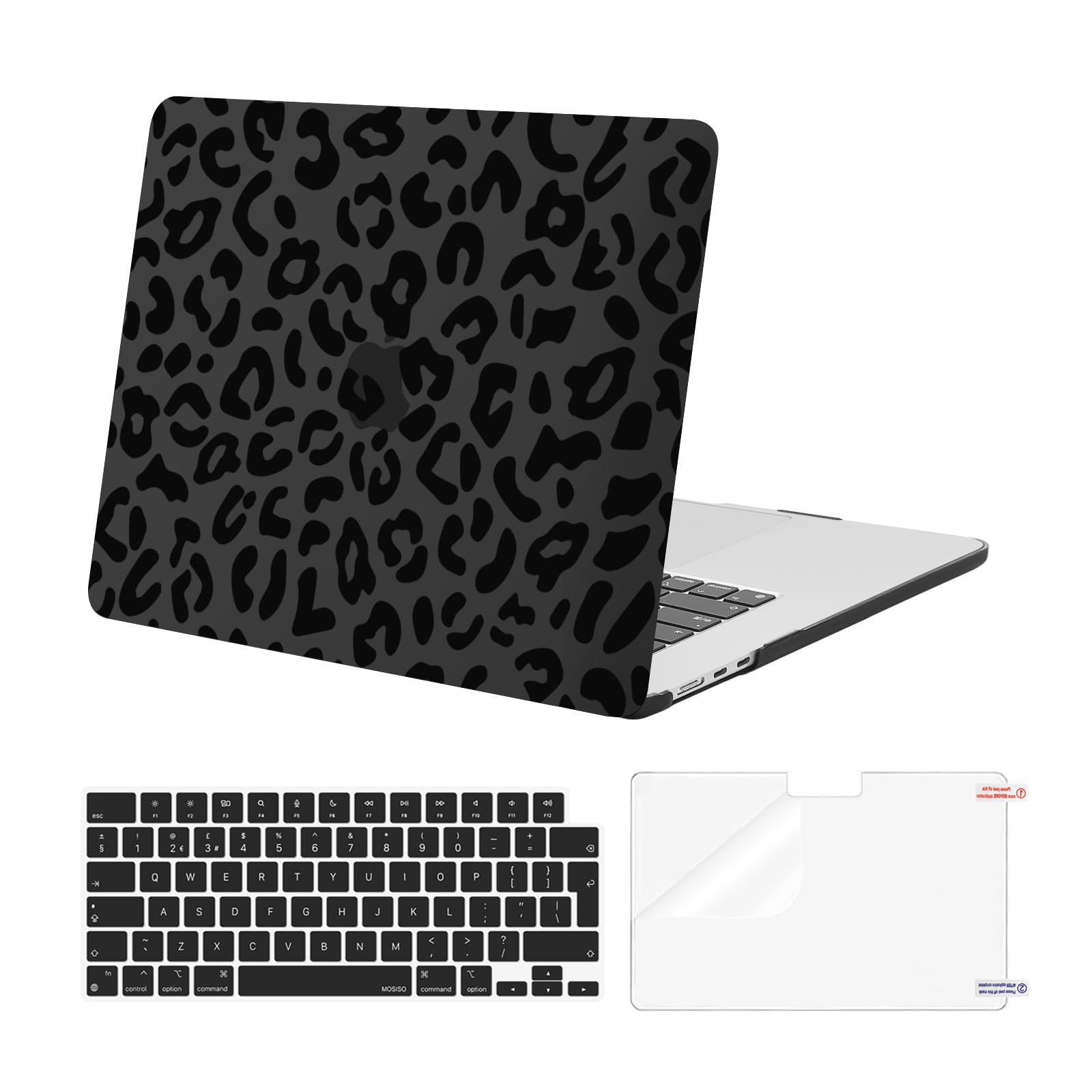 MOSISO Compatible with MacBook Air 15 inch Case M5 M4 M3 M2 2026 2025-2023 A3448 A3241 A3114 A2941 Touch ID, Plastic Leopard Grain Hard Shell Case & Keyboard Cover & Screen Protector, Black