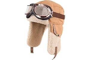 KAZZHA Aviator Hat with Detachable Goggles Vintage Pilot Hat Costume Accessory for Adult Winter Trapper Hat Fur Ear Flaps