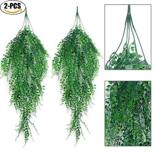 Artificial Hanging Plants,Outgeek 2PCS Artificial Green Ivy Vine Artificial Shrubs Hanging Vine Plant for Home Garden Outdoor Wall Decoration