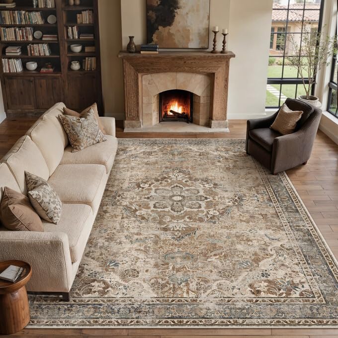 PureCozy Brown Vintage 8x10 Area Rug for Living Room Machine Washable Large Rug Non-Slip Soft Low Pile Carpet Floral Stain Resistant Indoor Office Throw Rug for Bedroom Dining Room Nursery