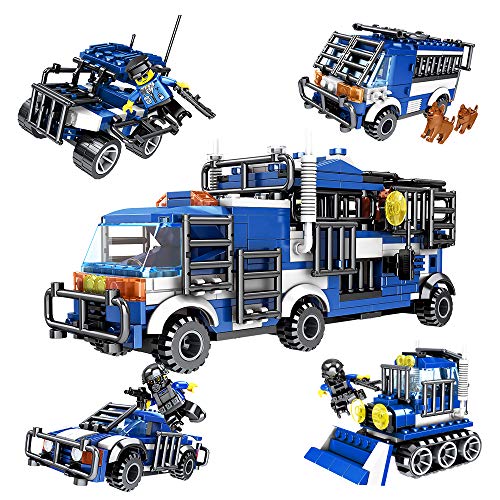 SNAEN 476PCS/4 in 1 Biochemical Police Building Blocks Set, Police Car/Bulldozer/Reconnaissance Vehicle/Anti-Explosion Truck. Includes Minifigures, Patrol Dogs and Toy Weapons, for Boys and Girls - Thumbnail 7