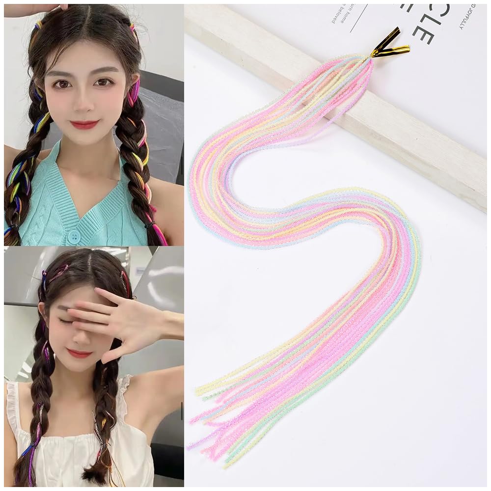 48PCS Hair Wrap Strings,2MM Braids Assorted Rainbow Braiding Hair Tie,Party Highlights Glitter Hair Thread,Gradient Color Hair Rope Band,DIY Ponytail Braids Hair Styling Accessories-Light Color