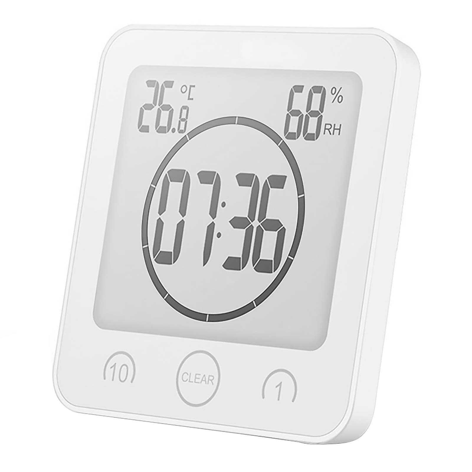 BIOBEY Digital Bathroom Clock Shower Timer with Alarm Bathroom Temperature Humidity Clock,Waterproof Thermometer Hygrometer Wall Clock with Suction Cup Hanging Hole Stand 1PC