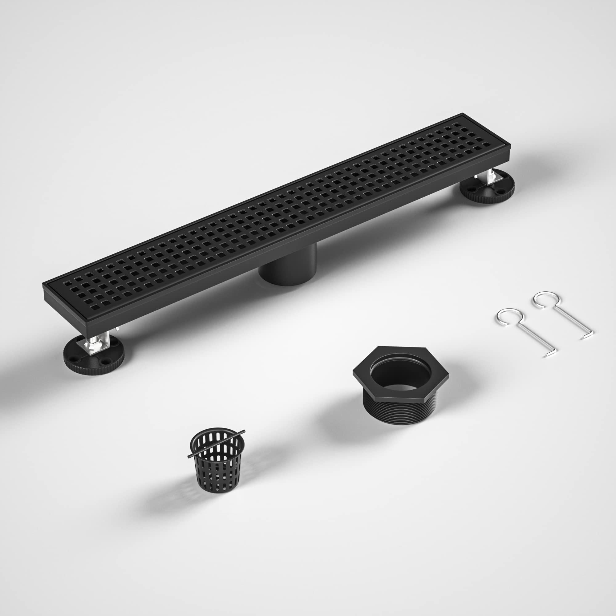 Bernkot Linear Shower Drain 24", 304 Stainless Steel Floor Drain w/Hair Strainer, Rectangular Shower Drain w/CUPC Certified, Matte Black Image