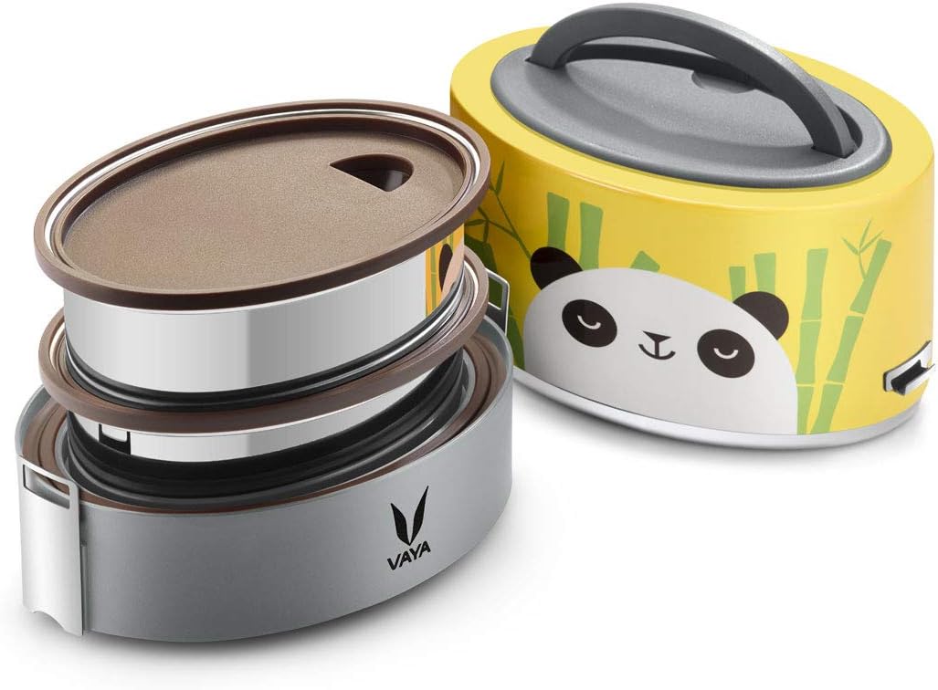 Vaya Tyffyn 600 ml, Panda, Vacuum Insulated Bento Box Without Bagmat - 2 Polished Stainless Steel Leak-Resistant Food Storage Containers - BPA Free, Eco-Friendly Lunch Box (Color:Panda)
