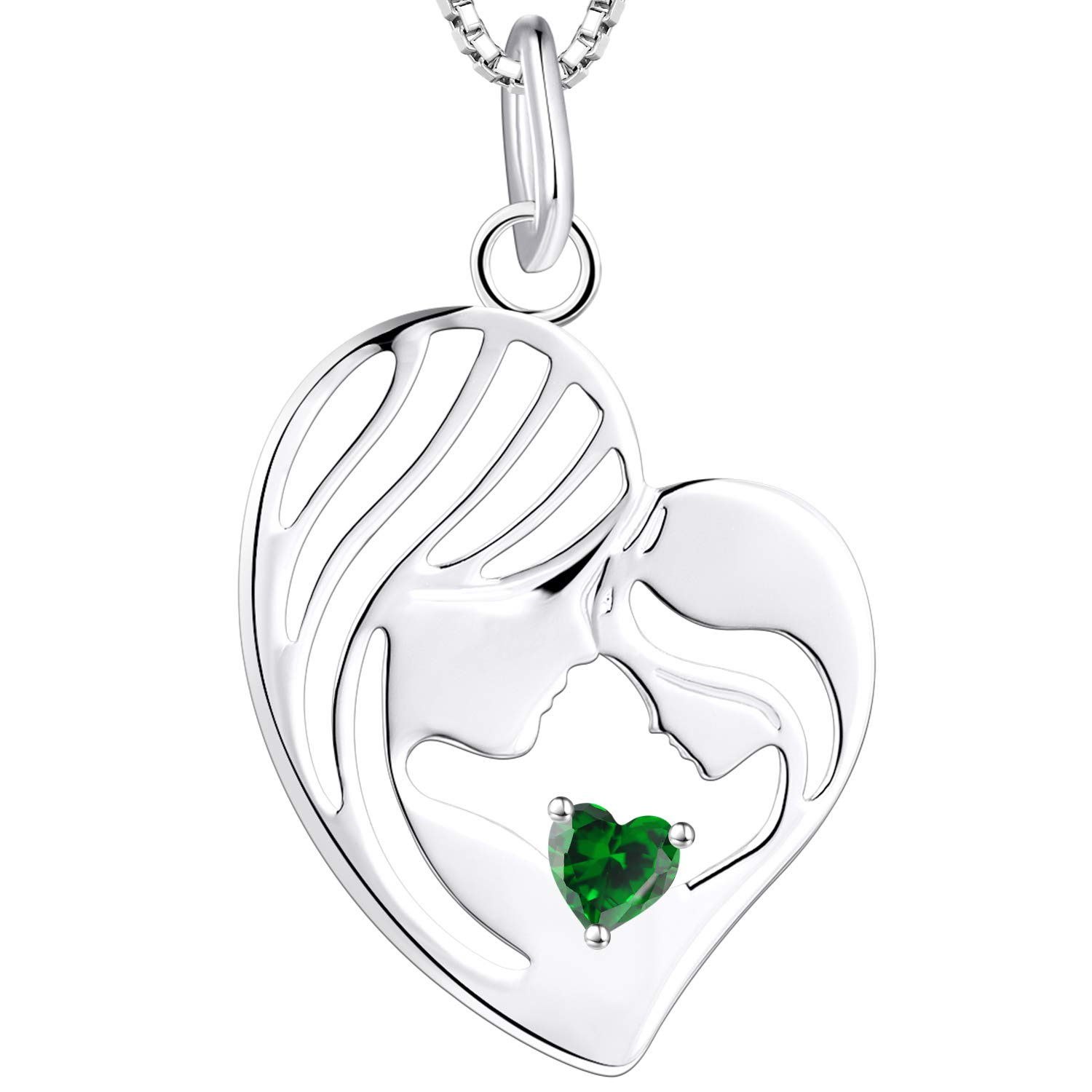 YL Mother and Daughter Necklace 925 Sterling Silver Heart May Birthstone Green Cubic Zirconia Pendant Necklace Gifts for Mum Women, 45-48 CM