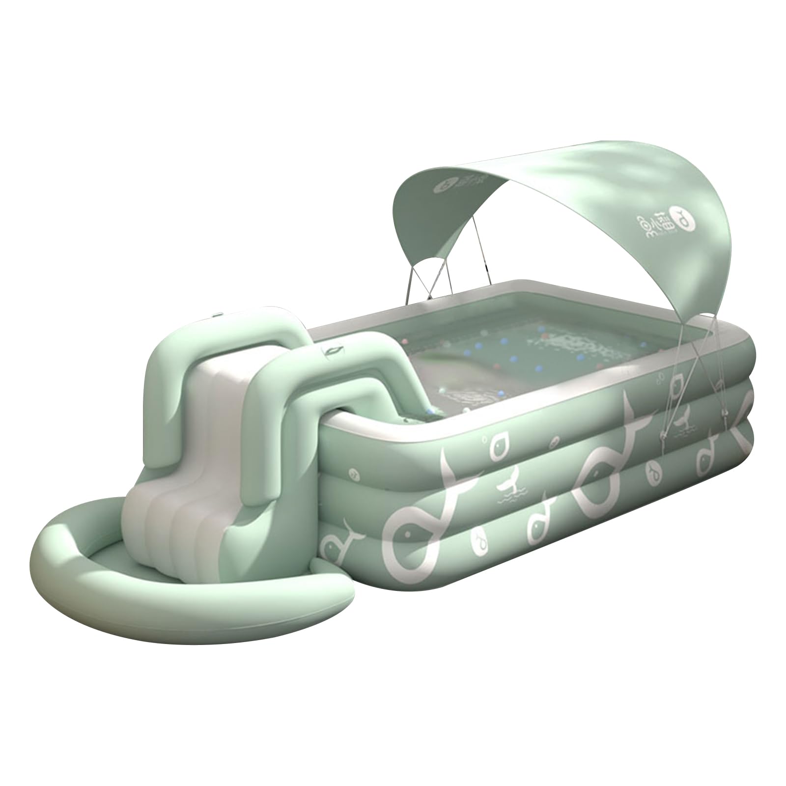 Ergocar shaded summer swimming pool. The outdoor inflatable swimming pool has a built-in slide. Above ground swimming pools for children and adults. Family entertainment leisure swimming pool.