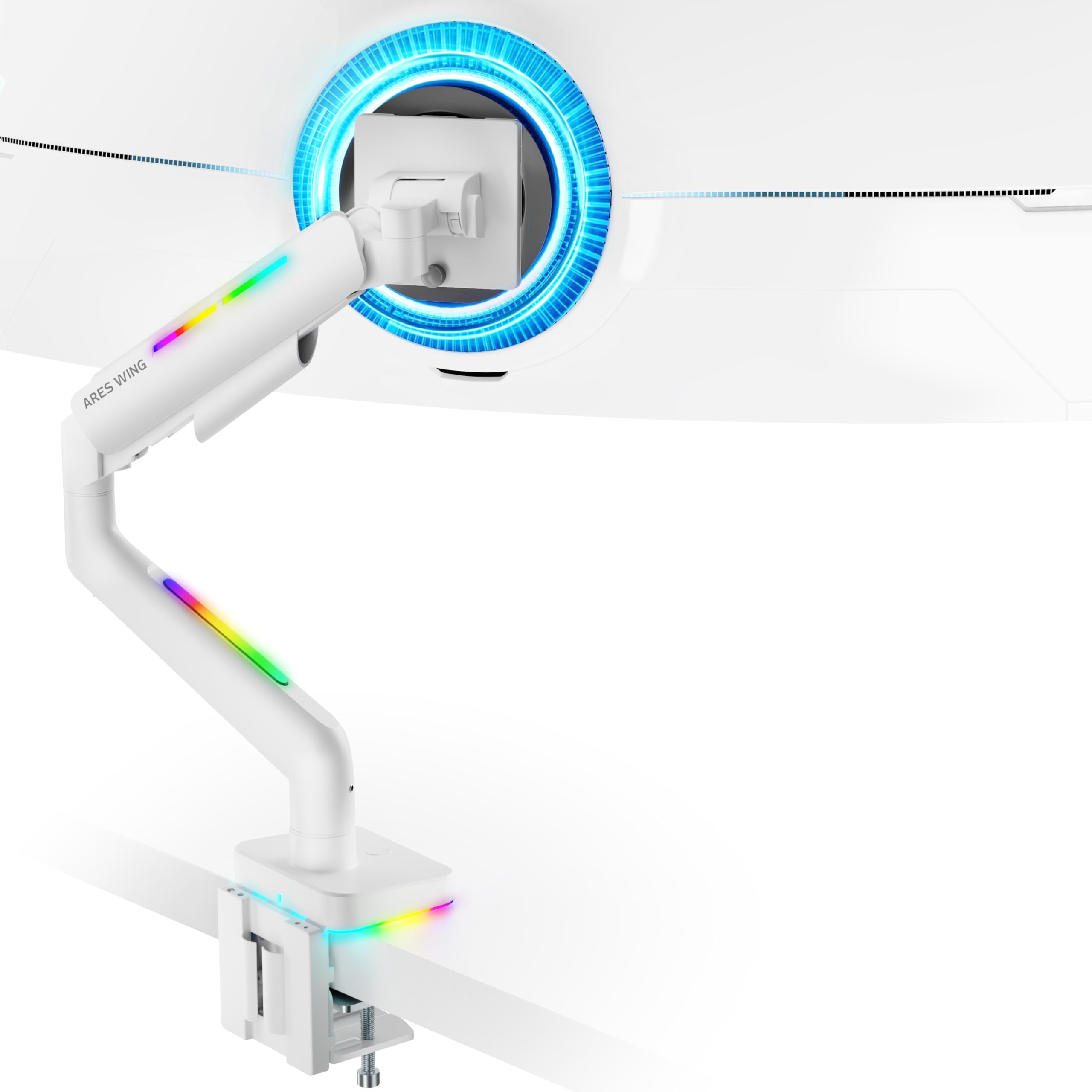 Photo 1 of ARES WING White Monitor Arm 49 Inch for LG Ultrawide Screen, Heavy Duty Monitor Arm Support up to 44lbs with Adjustable Gas Spring Clamp and Grommet Desk Mount