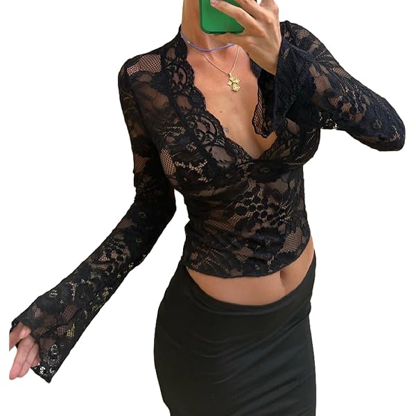Women's Lace Floral Mesh Crop Tops Flared Long Sleeve Deep V-Neck