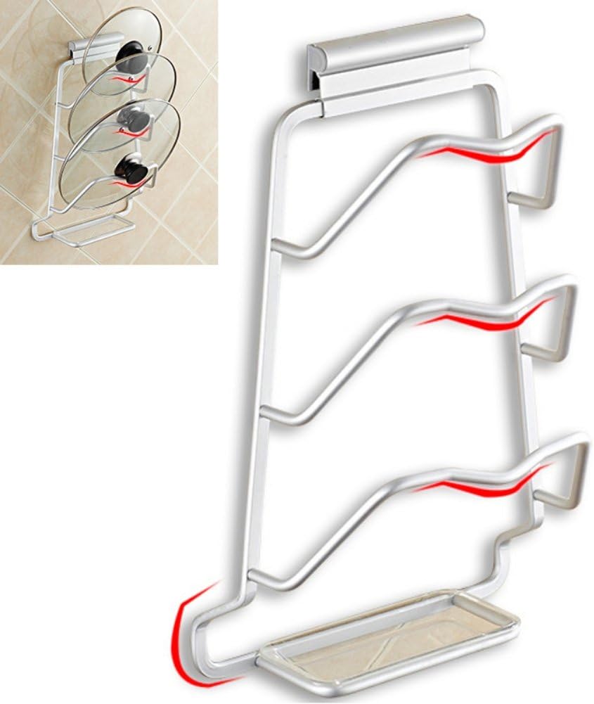 Pot Lid Rack Cookware Organizer, Heavy Duty Wall Mounted Aluminum Pan Lid Holder with Drain Tray, Kitchen Cooking Utensil Tool
