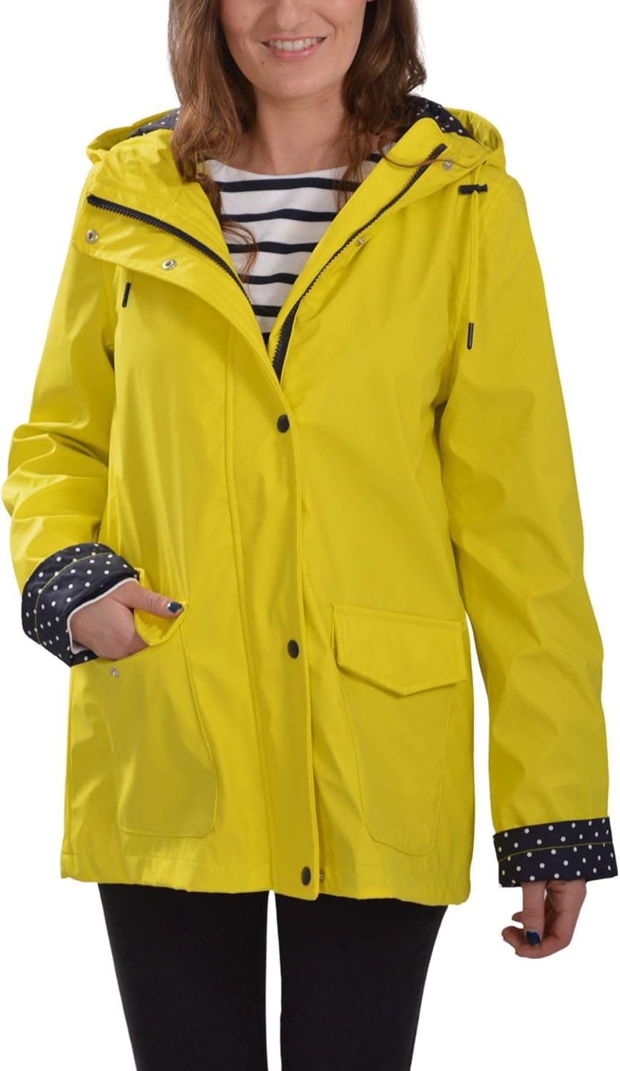 Womens Bright Yellow Waterproof Rain Jacket with Hood Navy Spot Lined