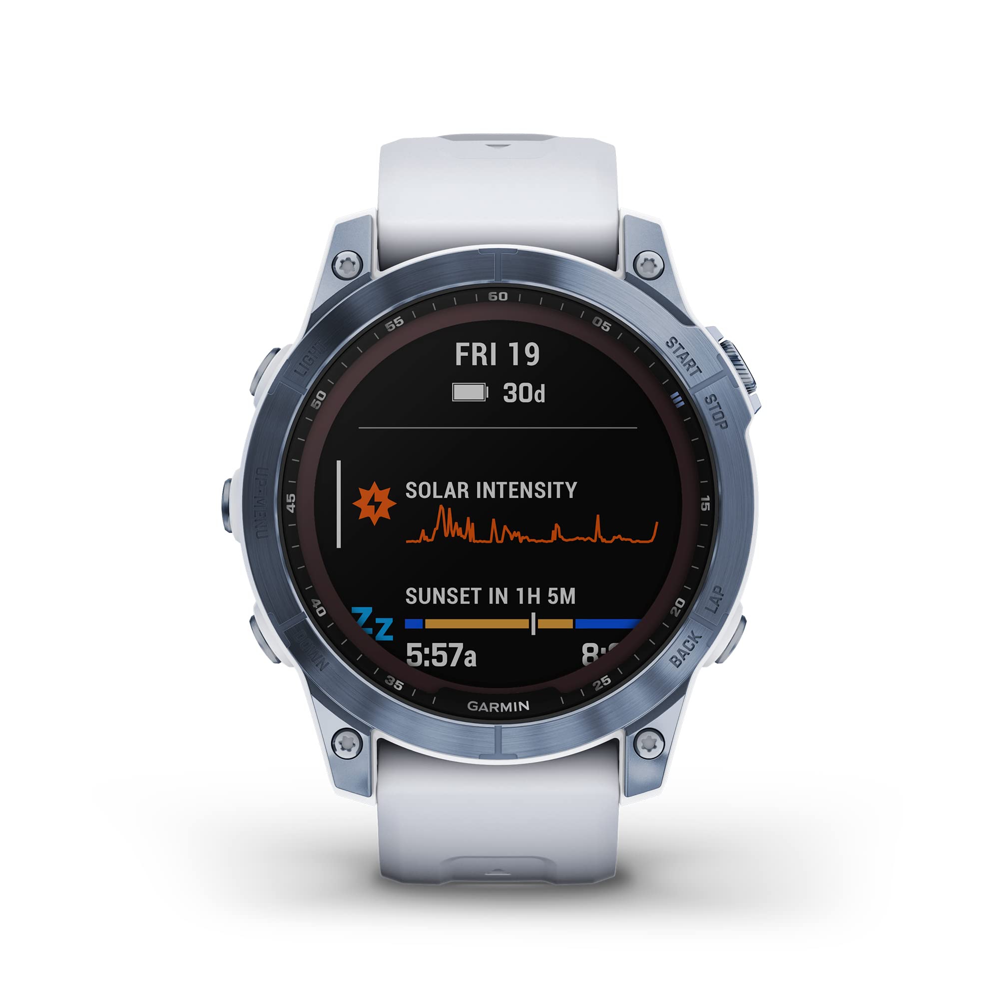 Garmin Fenix 7 Sapphire Solar, Adventure smartwatch, with Solar Charging Capabilities, Rugged Outdoor Watch with GPS, Touchscreen, Wellness Features, Mineral Blue DLC Titanium Whitestone Band