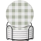 Hoomey Set of 6 Sage and White Buffalo Check Coasters with Holder, Absorbent Ceramic Drink Coasters with Cork Backing for Table Protection, Table Decor, Housewarming Gifts