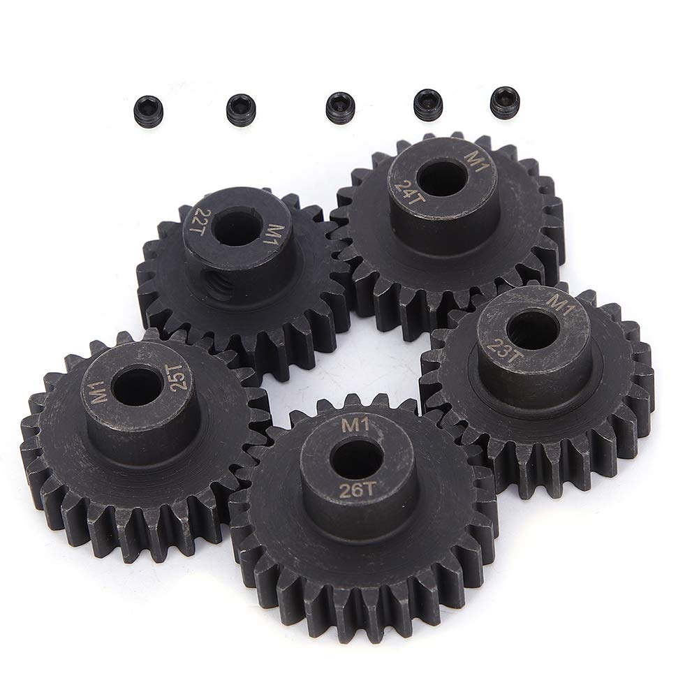 VGEBY RC Car Gear, 5Pcs 22T 23T 24T 25T 26T Chrome Steel Remote Control Motor Pinion Gears Parts Set Kit 5mm Inner Hole Upgrade Parts for 1/8 RC Cars Car Model Accessory