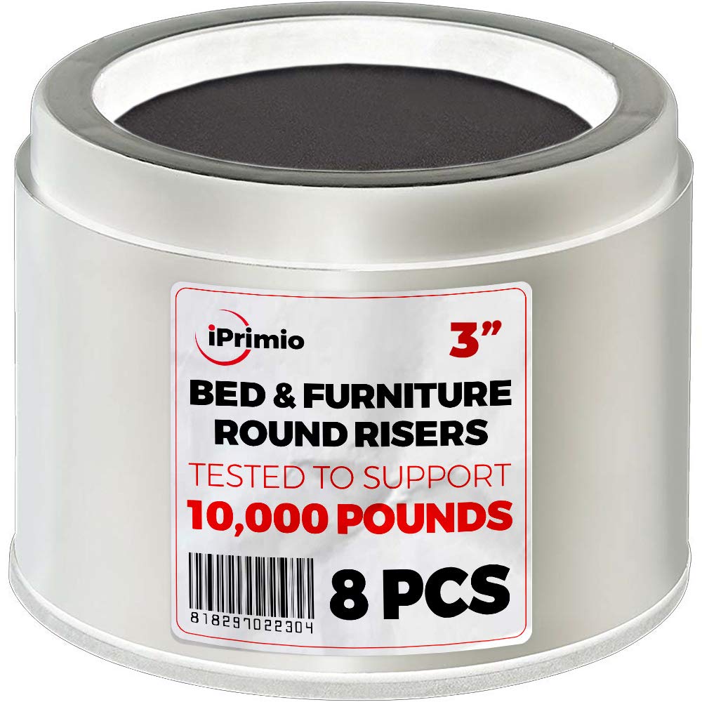 iPrimio Bed and Furniture Risers – 8 Pack Round Elevator up to 3” and Lifts up to 10,000 LBs - Protect Floors and Surfaces – Durable ABS Plastic and Anti Slip Foam Grip – White