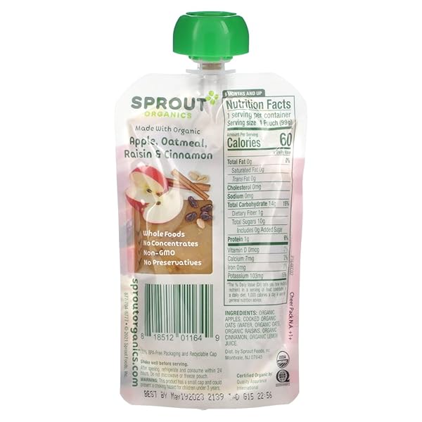 SPROUT ORGANIC BABY FOOD, STAGE 2 POUCHES, APPLE OATMEAL RAISIN WITH CINNAMON, 3.5 OZ PUREE