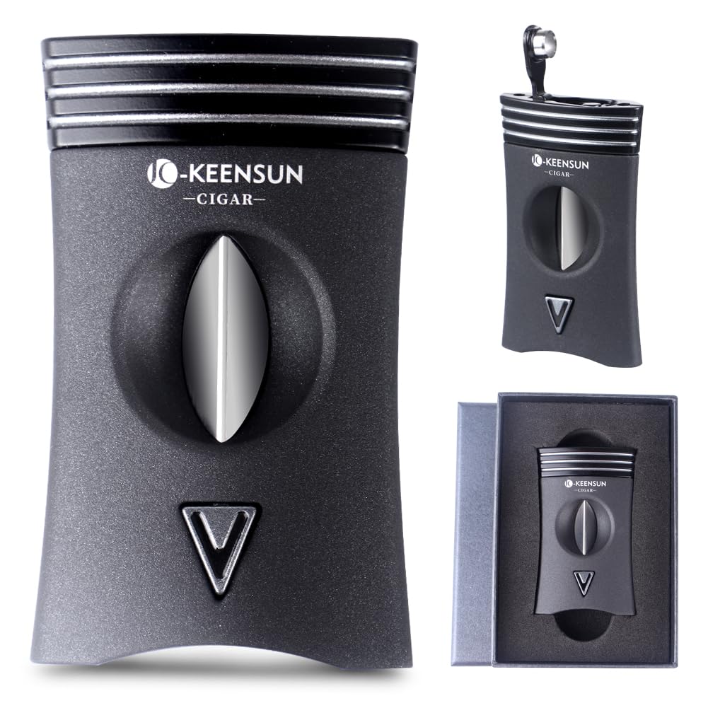 KEENSUN 3-in-1 Zinc Alloy V-Cut Cigar Cutter (Gray) with Cigar Holder on The Back and Cigar Punch at The Bottom, 60 Ring Gauge, 420J2 Stainless Steel Cut Blade in Gift Box