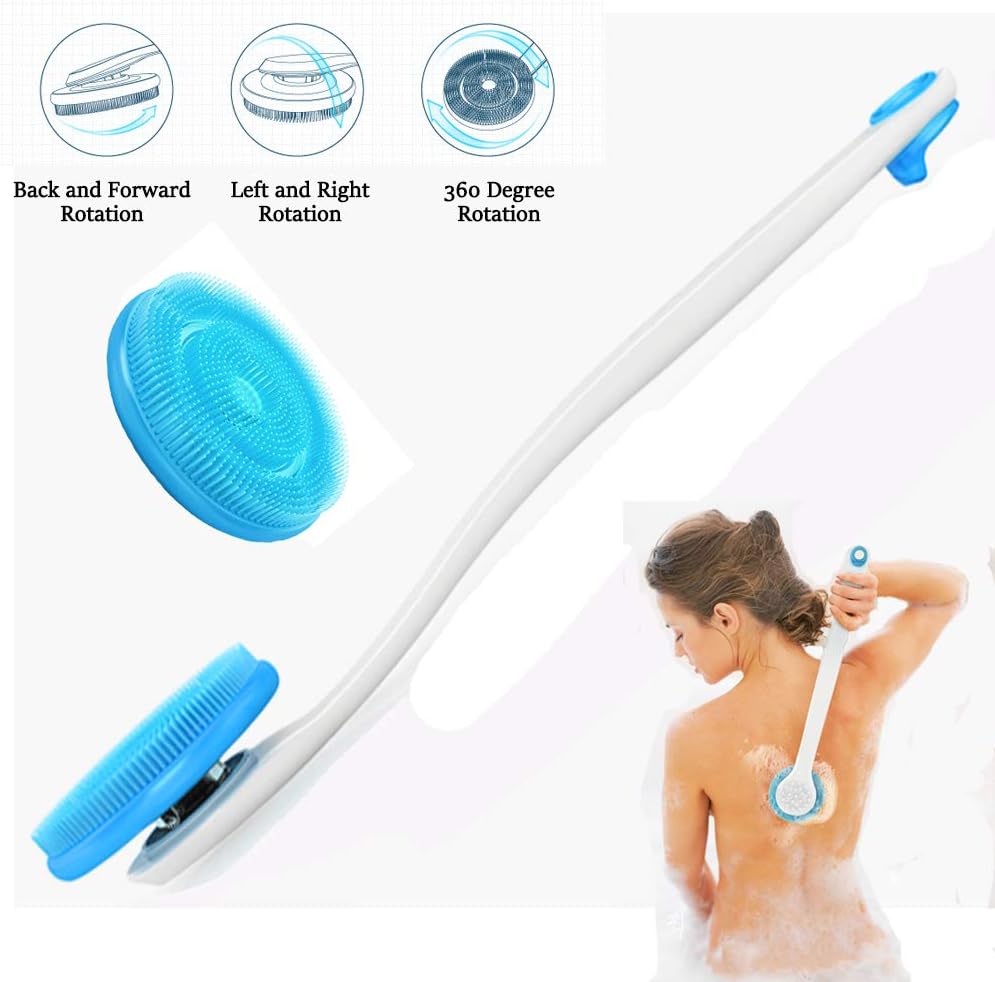 Food-Grade Silicone Bath Brush with Gentle Massage Nodes and Rotatable Body Brush Head for Deep Skin Cleaning, Long Handle Soft Silicone Shower Back Scrubber for Softer Glowing Skin