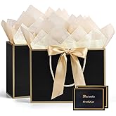 YoungTree 2PCS Medium Gift Bags with Ribbon and 2 Greeting Cards 4 Tissue Papers, Paper Birthday Gift Bags with Handles, Elegant Present Bags for Valentines Day Wedding Party Supplies (Black-Gold)