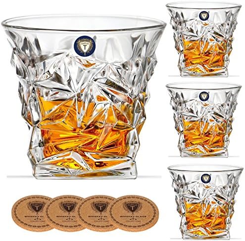 Diamond Whiskey Glasses - Set of 4 - Old Fashioned Glasses with 4 Drink Coasters - Ultra Clarity Lead-free Crystal Glassware for Scotch, Bourbon, Liquor, Brandy - Elegant Gift Set