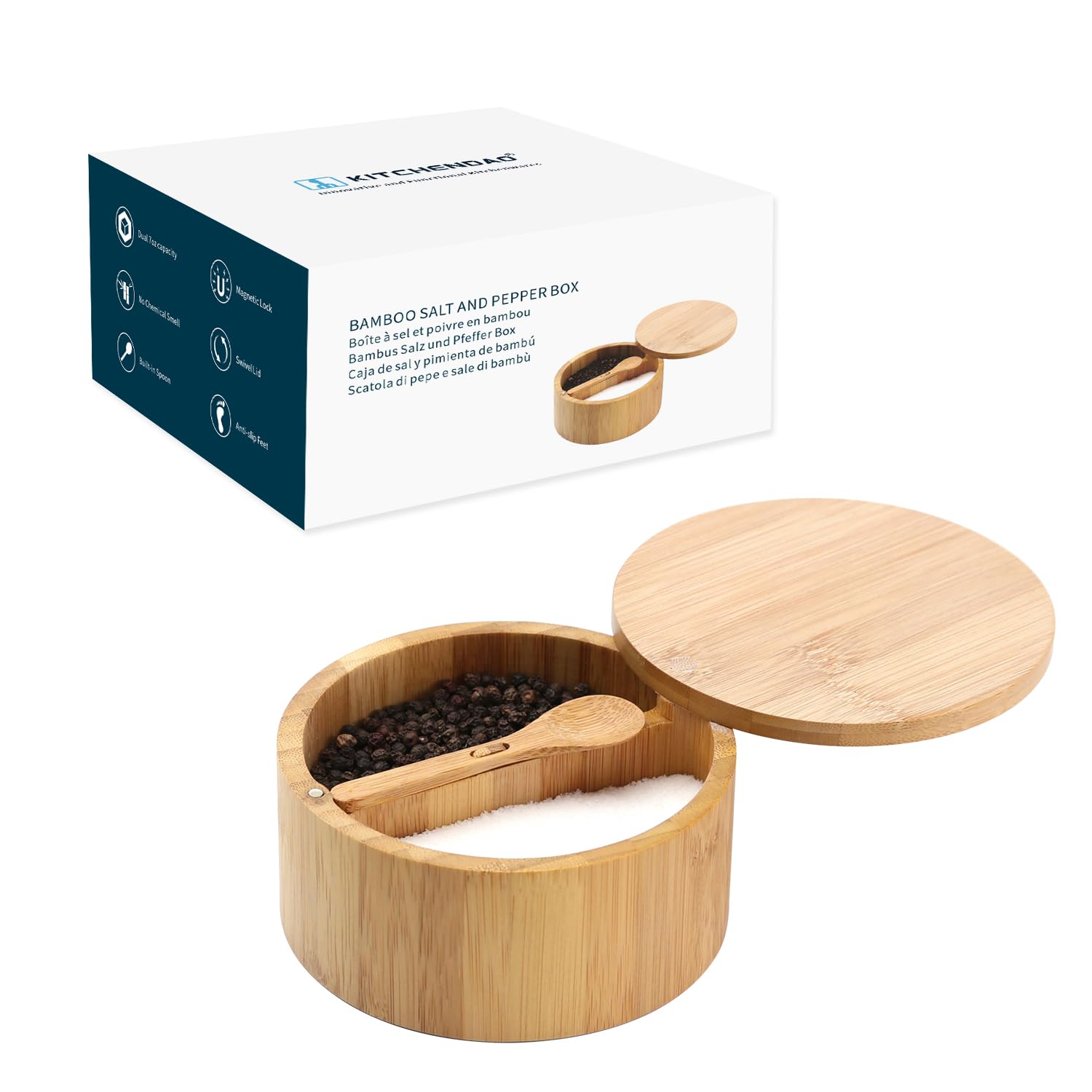 KITCHENDAO Bamboo Salt and Pepper Bowl Box - Built-in Spoon - Swivel Lid with Magnet,Dust-Free - Salt Cellar Seasoning Container Holder - Dual 7 Ounce Capacity