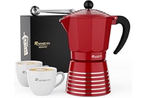 RAINBEAN Moka Pot 6 Cup Set, 11 oz / 300ml Stovetop Espresso Maker, Italian Cuban Greca Coffee, Aluminum Ripple Ring Design - Easy To Use & Clean (Red, Perfect Gifts for Coffee Lovers)