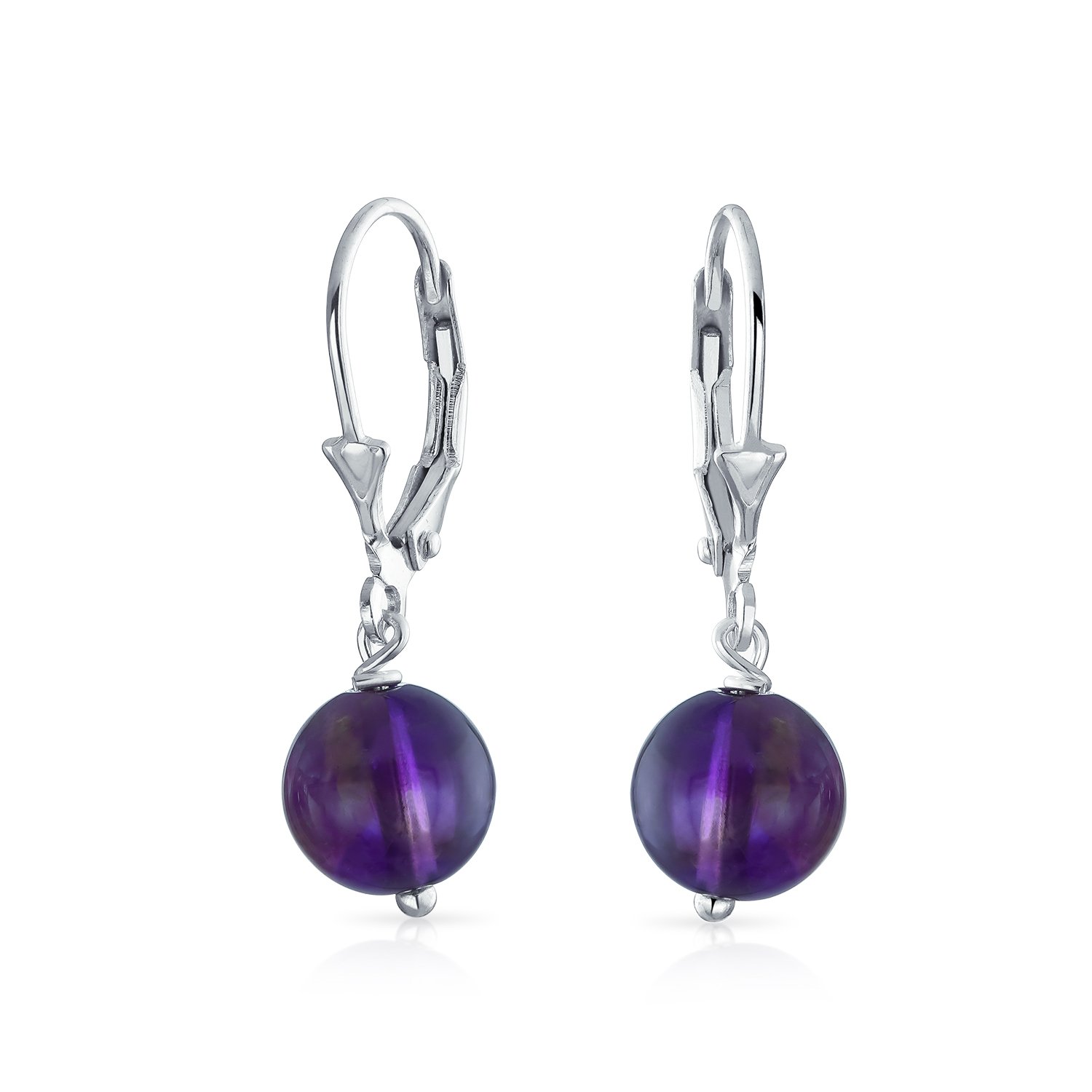 Simple Plain Round Bead Purple Amethyst Lever back Ball Drop Earrings For Women .925 Sterling Silver February Birthstone — image 1